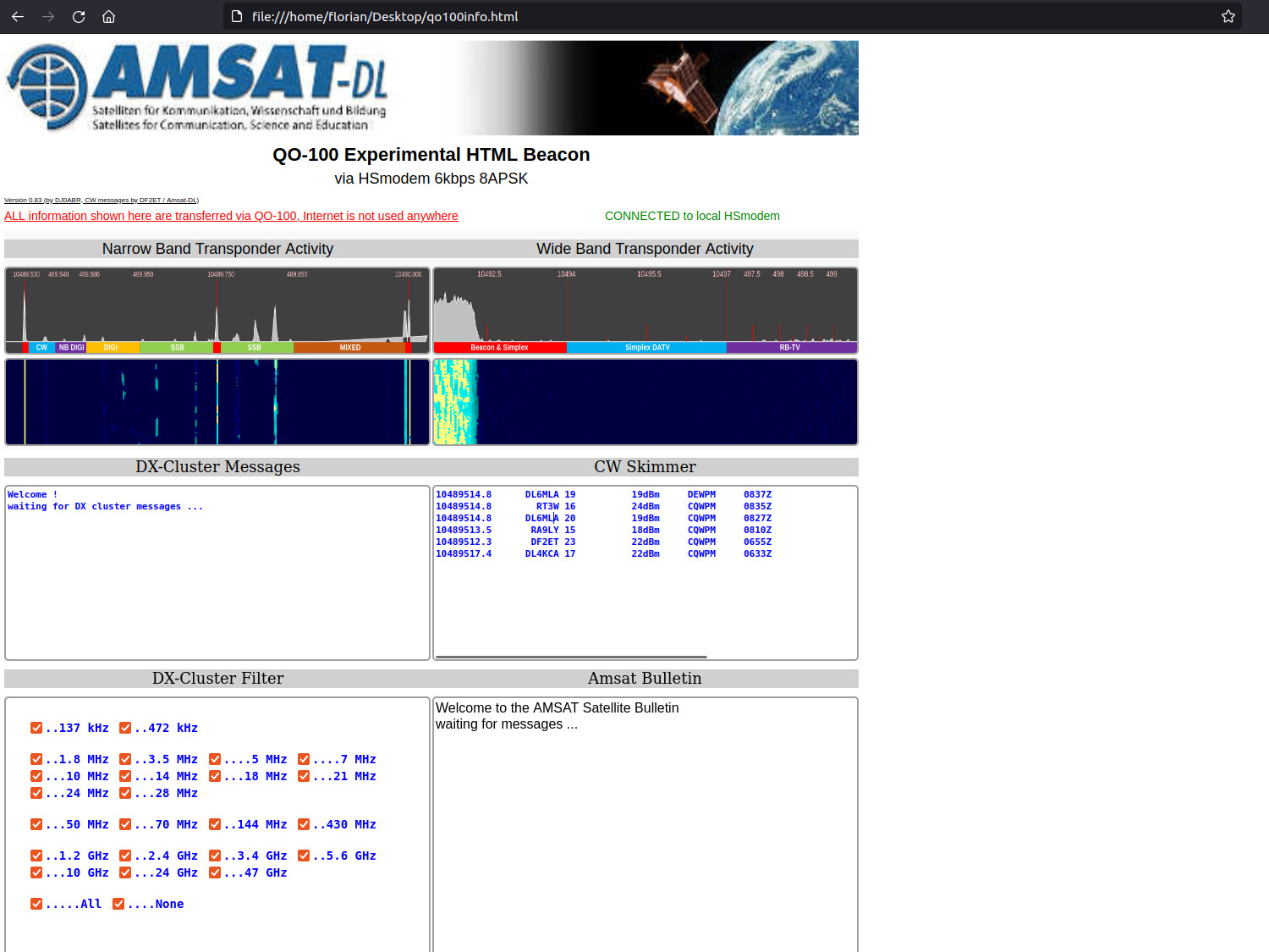 QO-100 dashboard receiving via hsmodem beacon