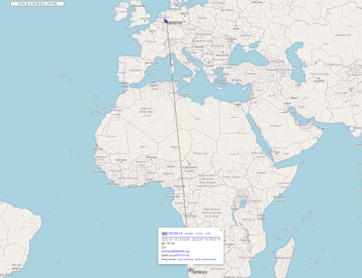 iGate gating OE3SEU-9 APRS position from JG77QD in Namibia (V5)