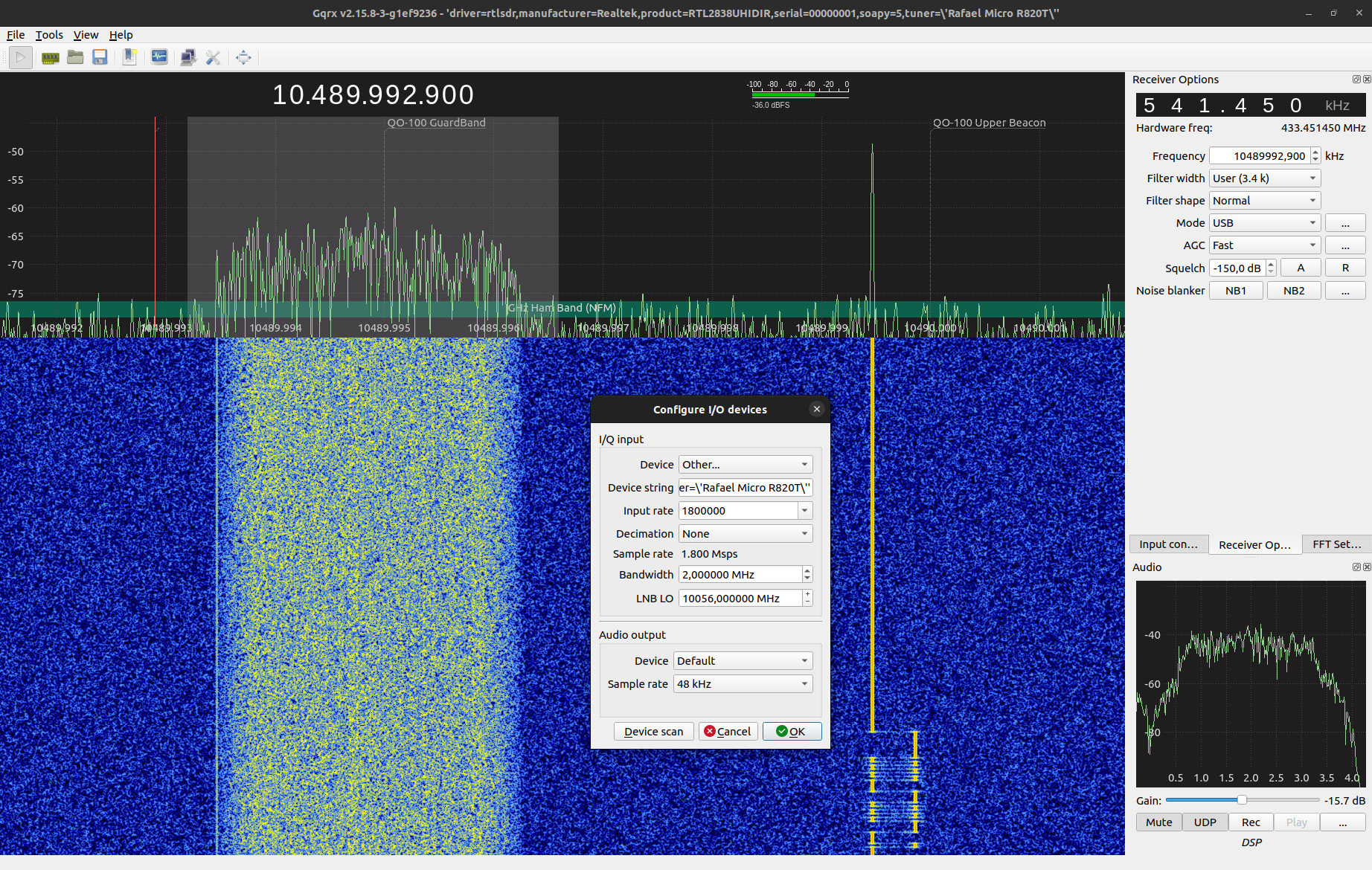 gqrx receiving the QO-100 hsmodem beacon