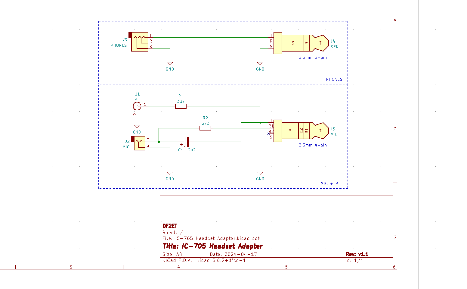 Schematic of IC-705 Headset Adapter