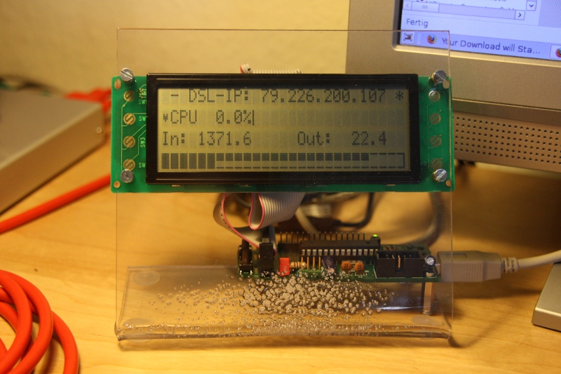 The LC display mounted on a selfmade plexiglass stand