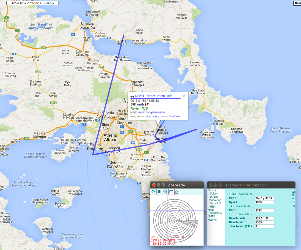 Simulated GPS data shown on aprs.fi