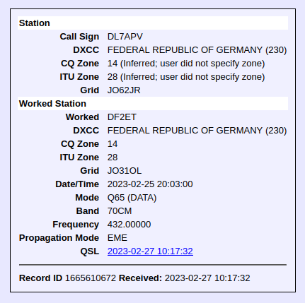 LotW confirmation of my first EME QSO with DL7APV