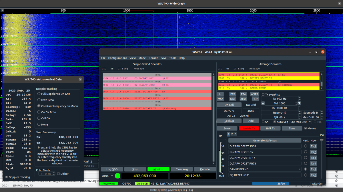 Screenshot of my first EME QSO with DL7APV in JO62 from my end